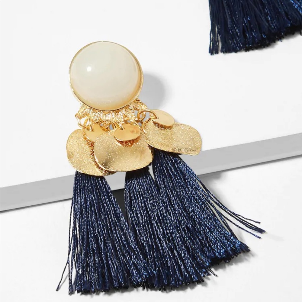 LAST SET SALE Gold + Navy Tassel Earrings - Picture 2 of 4